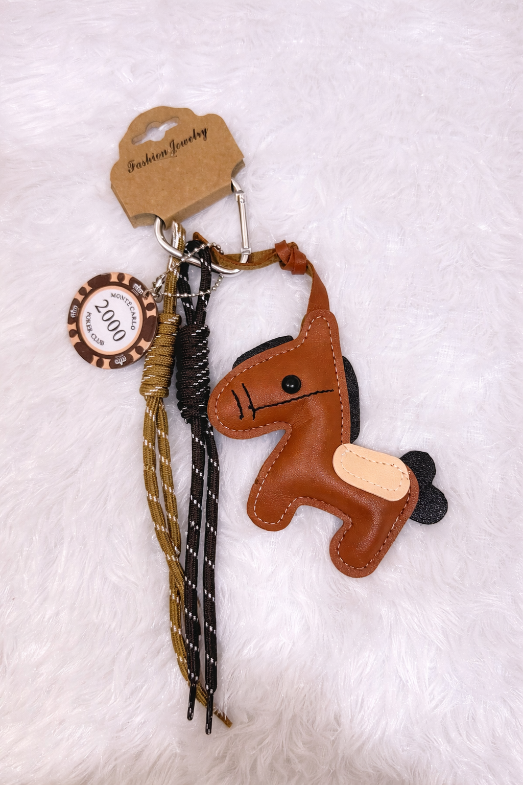 Cute Horse Bag Charm Keychain with Tassels & Poker Chip Pendant
