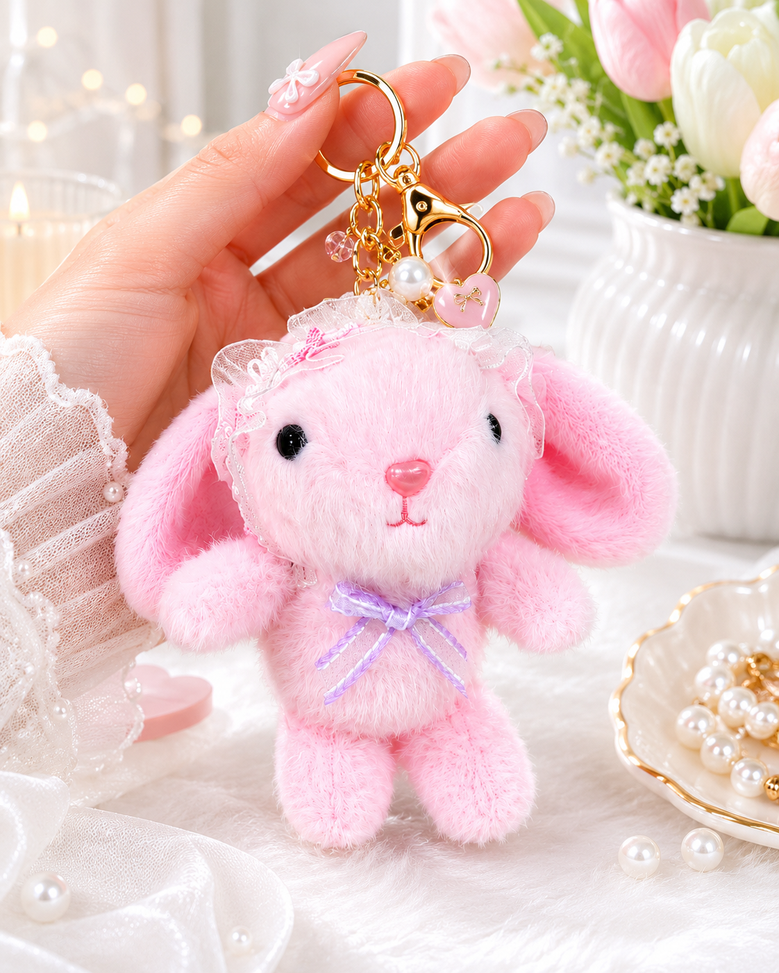 Kawaii Pink Bunny Plush Bag Charm Keychain | Cute Soft Plush Purse Accessory