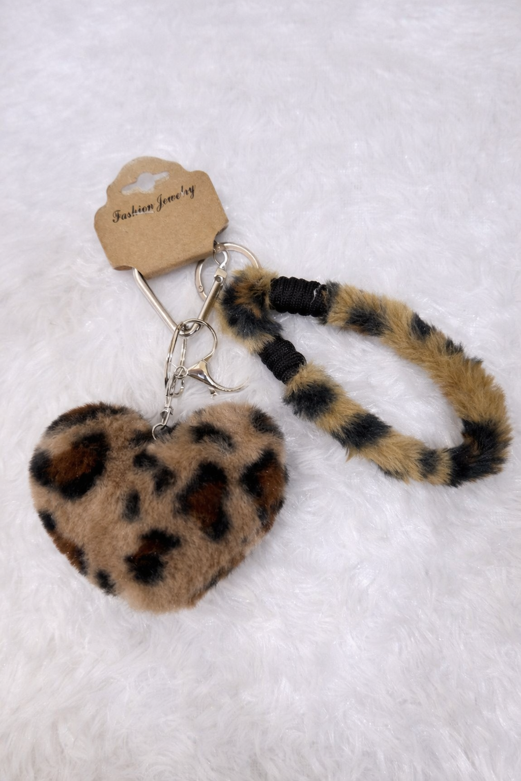 Leopard Luxe Heart Fur Keychain with Tail Charm