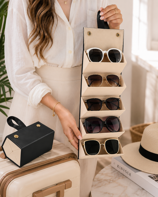 Travel Sunglasses Organizer Case for 5 Glasses – Foldable Leather Eyewear Storage Holder with Hanging Strap