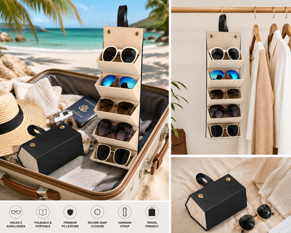 Travel Sunglasses Organizer Case for 5 Glasses – Foldable Leather Eyewear Storage Holder with Hanging Strap