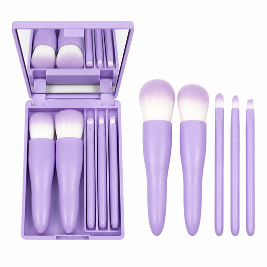 Mini Travel Makeup Brush Set with Mirror | 5-Piece Portable Brush Kit