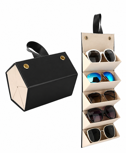 Travel Sunglasses Organizer Case for 5 Glasses – Foldable Leather Eyewear Storage Holder with Hanging Strap