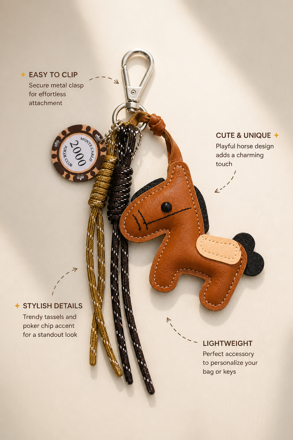 Cute Horse Bag Charm Keychain with Tassels & Poker Chip Pendant