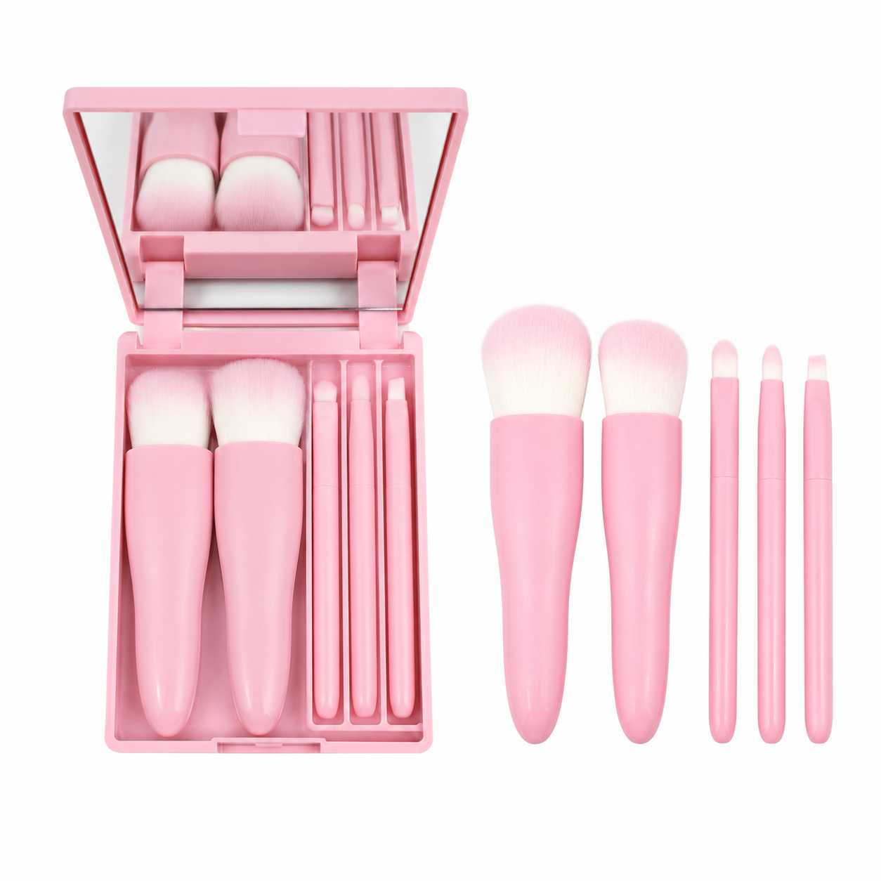 Mini Travel Makeup Brush Set with Mirror | 5-Piece Portable Brush Kit