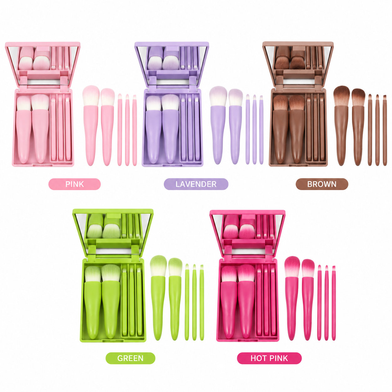 Mini Travel Makeup Brush Set with Mirror | 5-Piece Portable Brush Kit