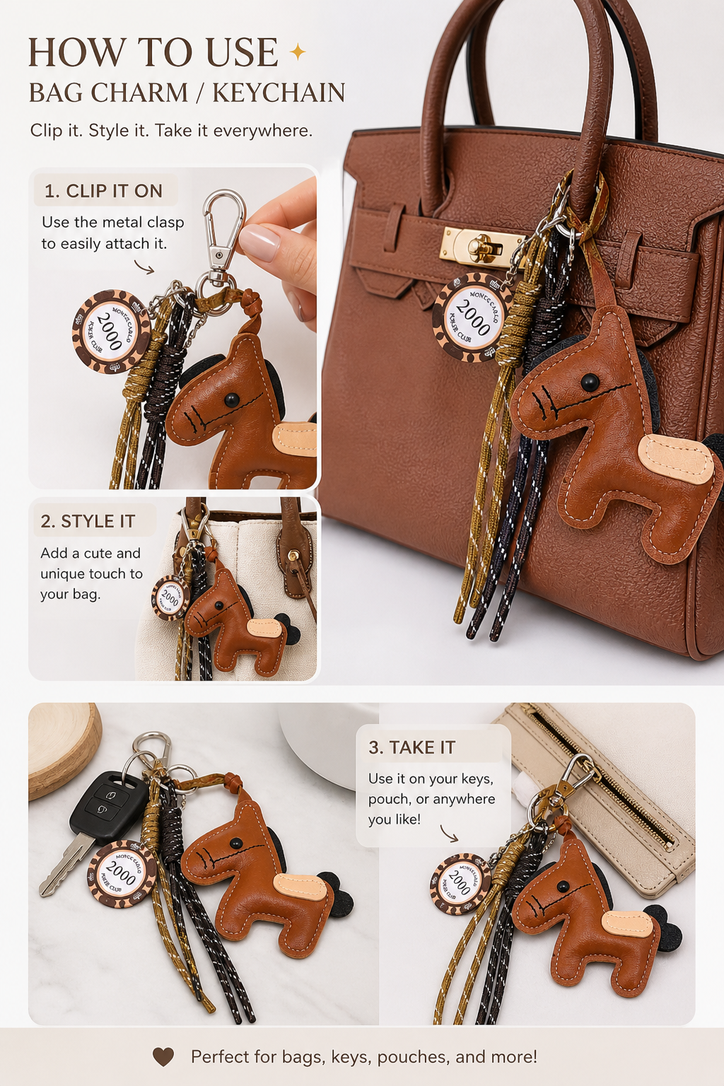 Cute Horse Bag Charm Keychain with Tassels & Poker Chip Pendant