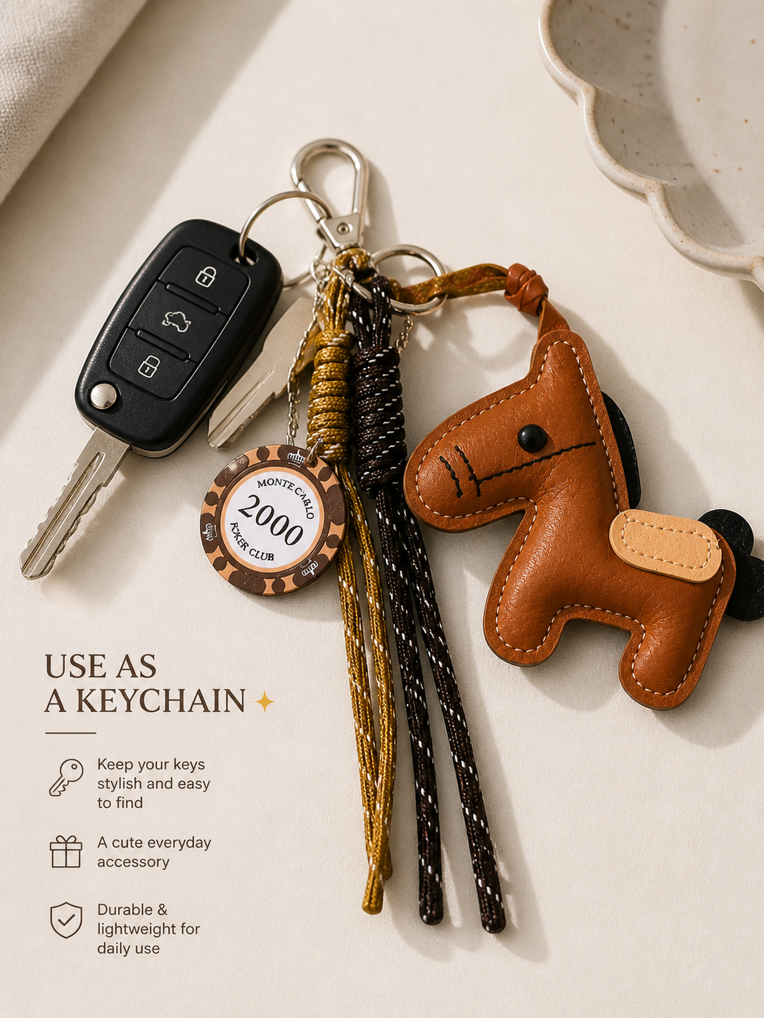 Cute Horse Bag Charm Keychain with Tassels & Poker Chip Pendant