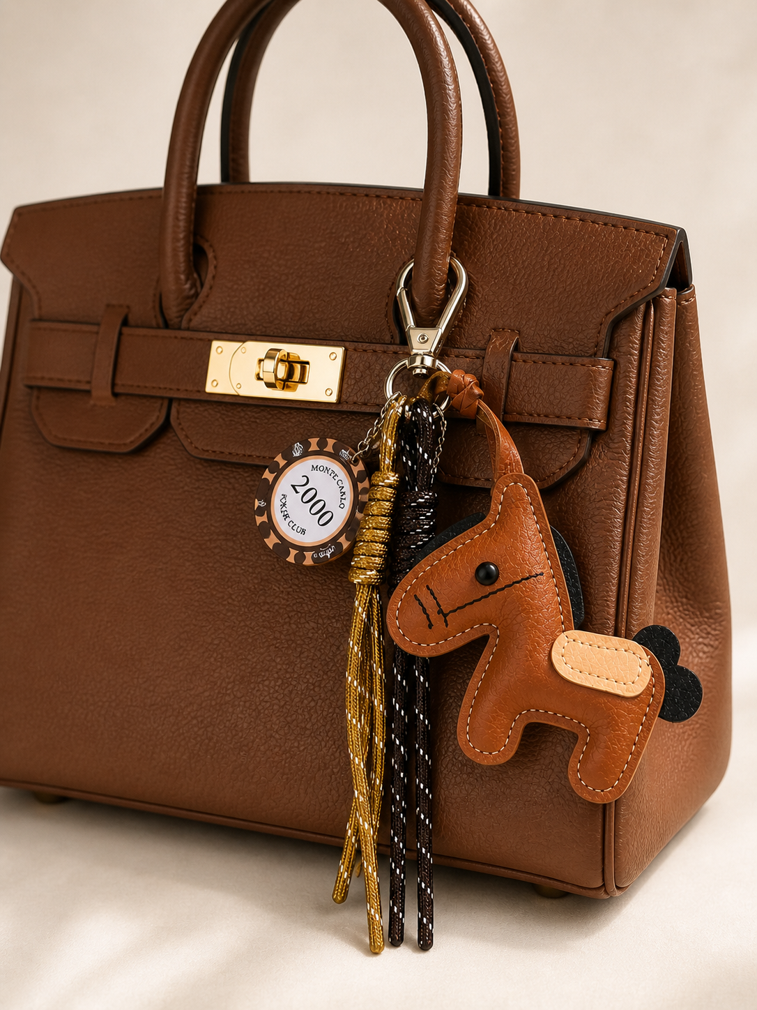 Cute Horse Bag Charm Keychain with Tassels & Poker Chip Pendant