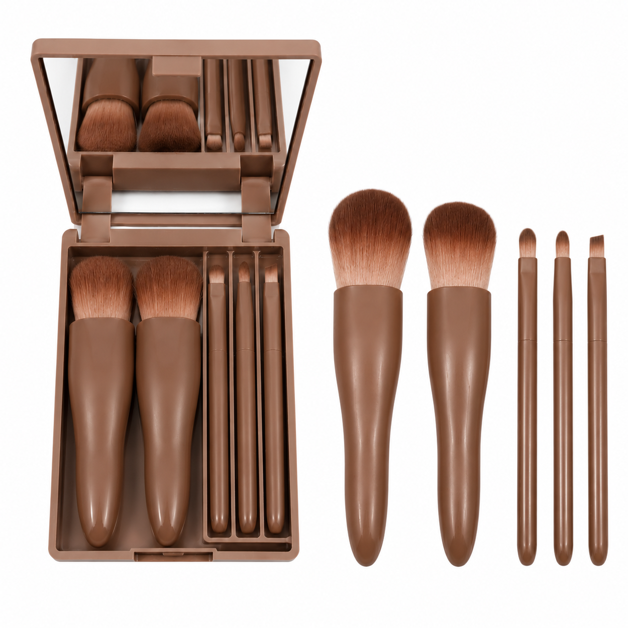 Mini Travel Makeup Brush Set with Mirror | 5-Piece Portable Brush Kit