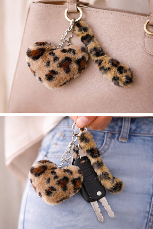 Leopard Luxe Heart Fur Keychain with Tail Charm