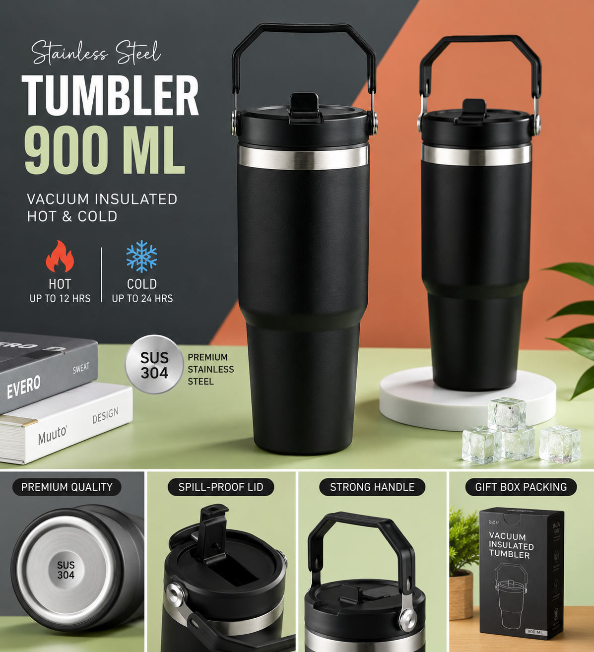 900ml Stainless Steel Insulated Tumbler with Handle – Hot & Cold Travel Mug