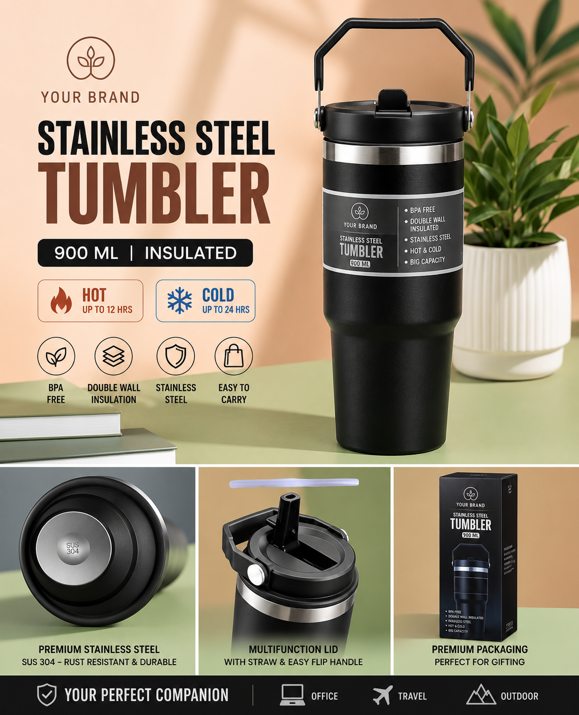 900ml Stainless Steel Insulated Tumbler with Handle – Hot & Cold Travel Mug