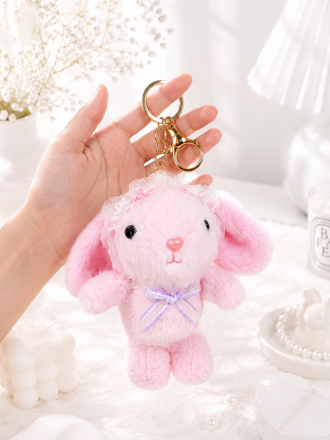 Kawaii Pink Bunny Plush Bag Charm Keychain | Cute Soft Plush Purse Accessory