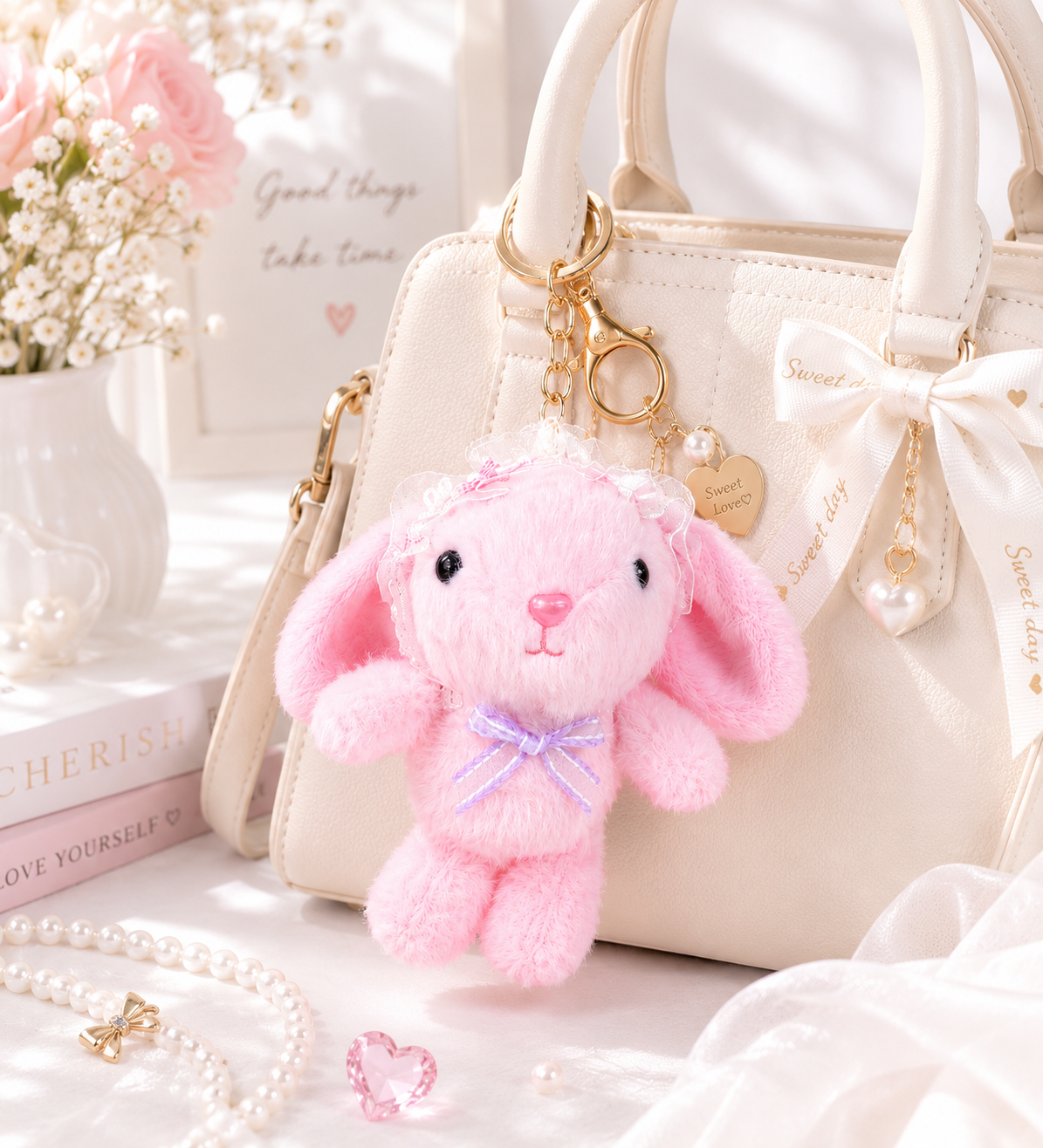 Kawaii Pink Bunny Plush Bag Charm Keychain | Cute Soft Plush Purse Accessory