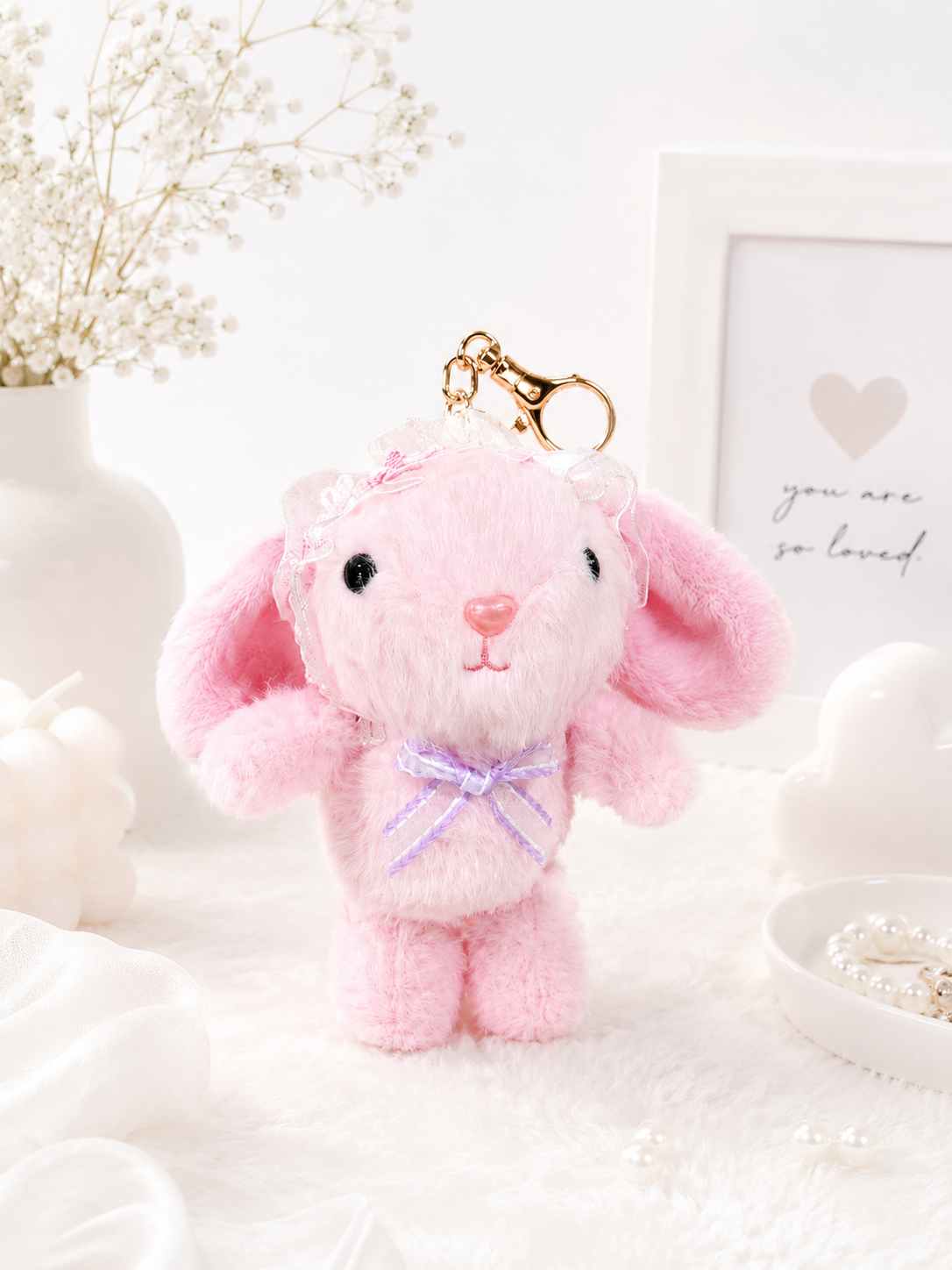 Kawaii Pink Bunny Plush Bag Charm Keychain | Cute Soft Plush Purse Accessory